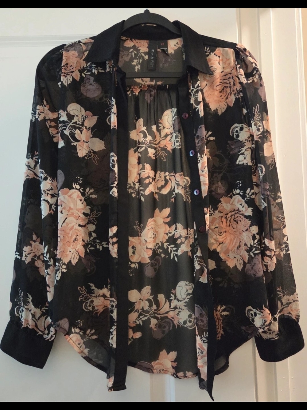 Fun & Flirt Black Sheer Button-Down Blouse with Peach Floral Print